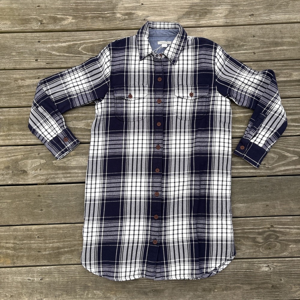 OUTERKNOWN Women's S Blanket Shirt Dress Organic Cotton Twill Navy White Plaid